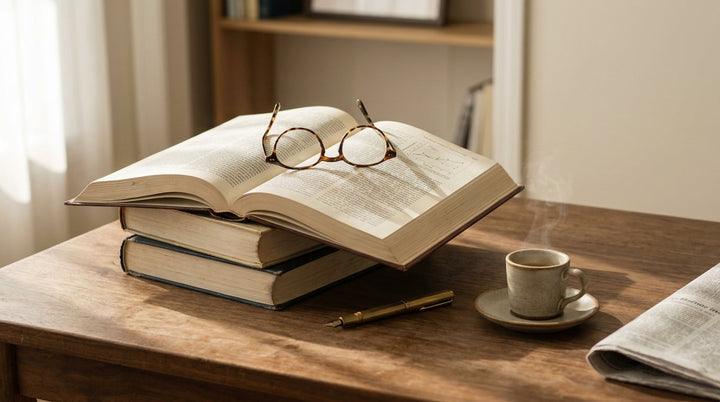 A stack of medical journals on a walnut desk, top journal open with reading glasses placed on the pages, brass fountain pen, ceramic espresso cup with steam, warm late morning light
