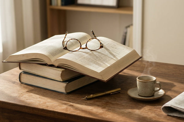 A stack of medical journals on a walnut desk, top journal open with reading glasses placed on the pages, brass fountain pen, ceramic espresso cup with steam, warm late morning light
