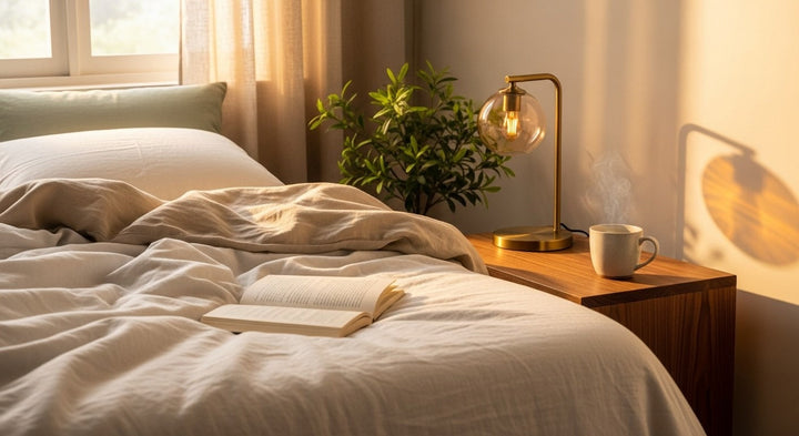 Calm bedroom scene at dusk with linen sheets, brass reading lamp, open book, and ceramic mug of herbal tea on a wooden nightstand. Editorial photograph illustrating sleep research.