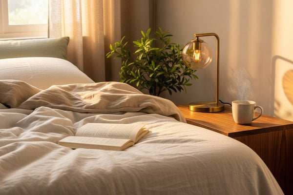 Calm bedroom scene at dusk with linen sheets, brass reading lamp, open book, and ceramic mug of herbal tea on a wooden nightstand. Editorial photograph illustrating sleep research.