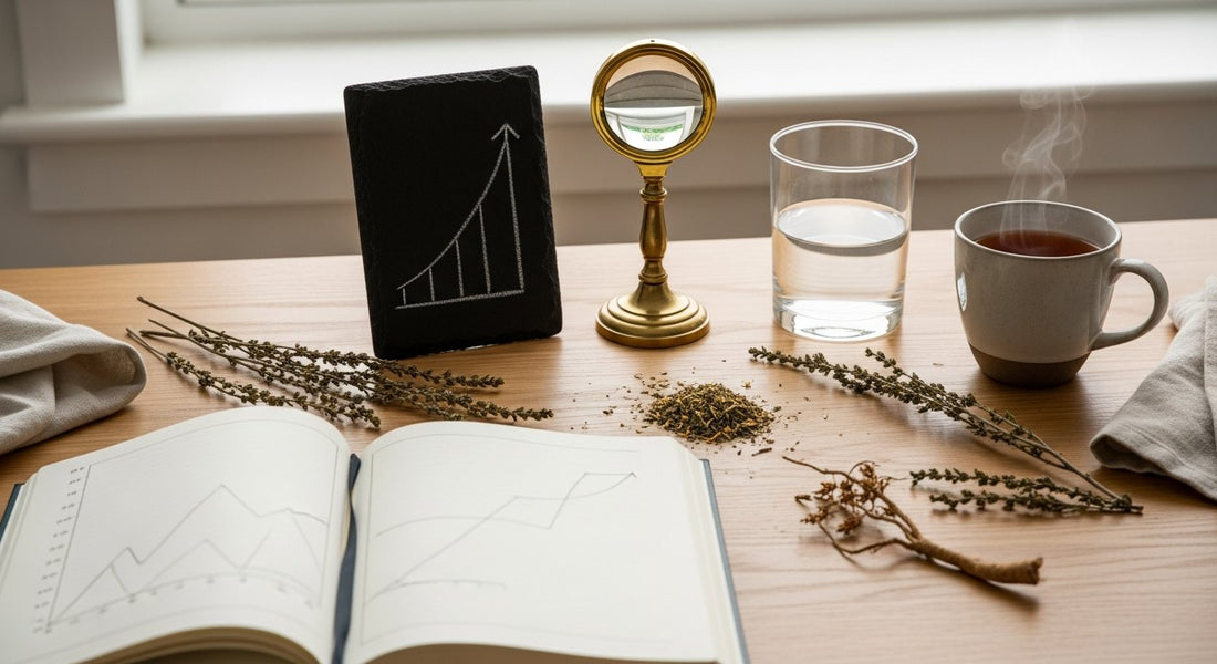 Bright scholarly research desk at morning with an open lab notebook, a slate tile showing a hand-drawn cortisol curve, a brass magnifier, a glass of water, and loose dried adaptogen herbs.