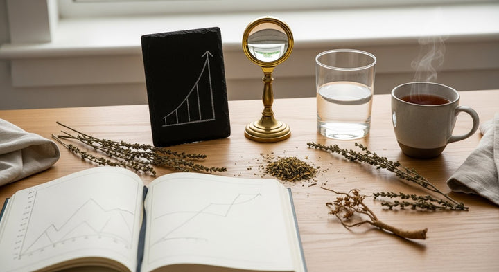 Bright scholarly research desk at morning with an open lab notebook, a slate tile showing a hand-drawn cortisol curve, a brass magnifier, a glass of water, and loose dried adaptogen herbs.