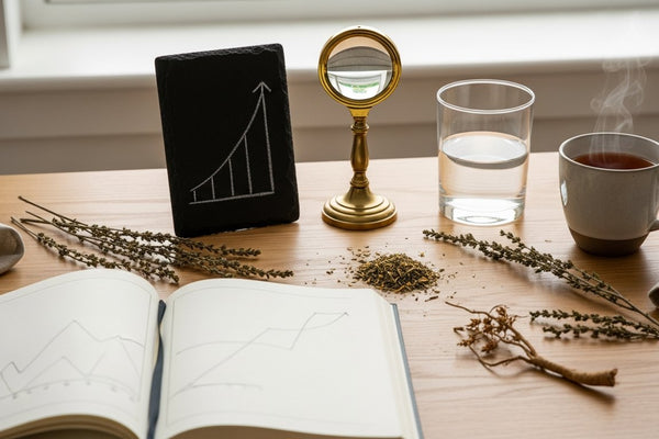 Bright scholarly research desk at morning with an open lab notebook, a slate tile showing a hand-drawn cortisol curve, a brass magnifier, a glass of water, and loose dried adaptogen herbs.