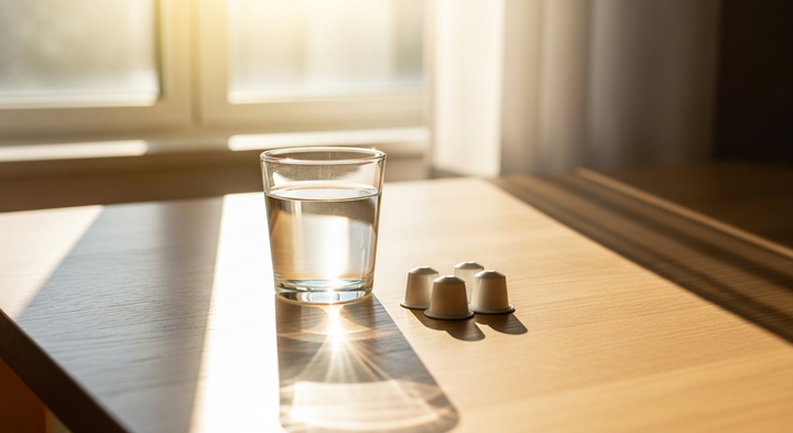 A bright morning scene with water and capsules on a table