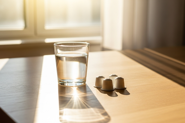 A bright morning scene with water and capsules on a table