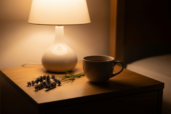 A calm evening wind-down scene with herbal tea and lavender