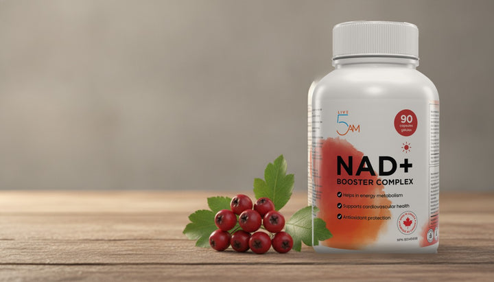 Live 5AM NAD+ Booster Complex bottle with hawthorn berries and leaves on a rustic wood table