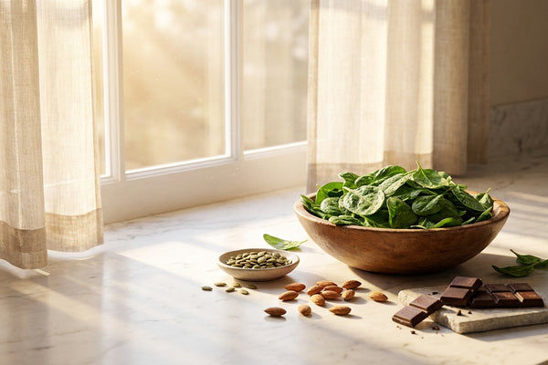 Magnesium-rich foods (pumpkin seeds, leafy greens, almonds) on a wooden table beside a sunny window
