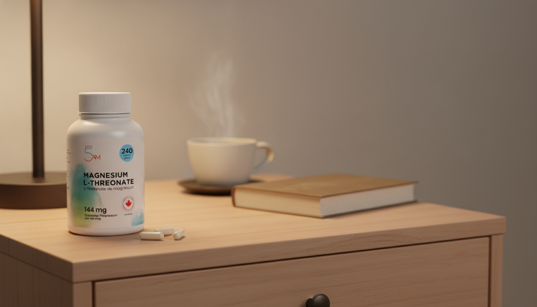 Live 5AM Magnesium L-Threonate bottle on an evening bedside table