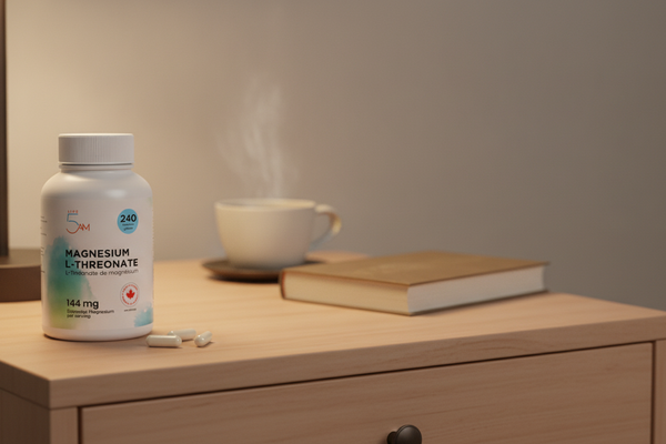 Live 5AM Magnesium L-Threonate bottle on an evening bedside table