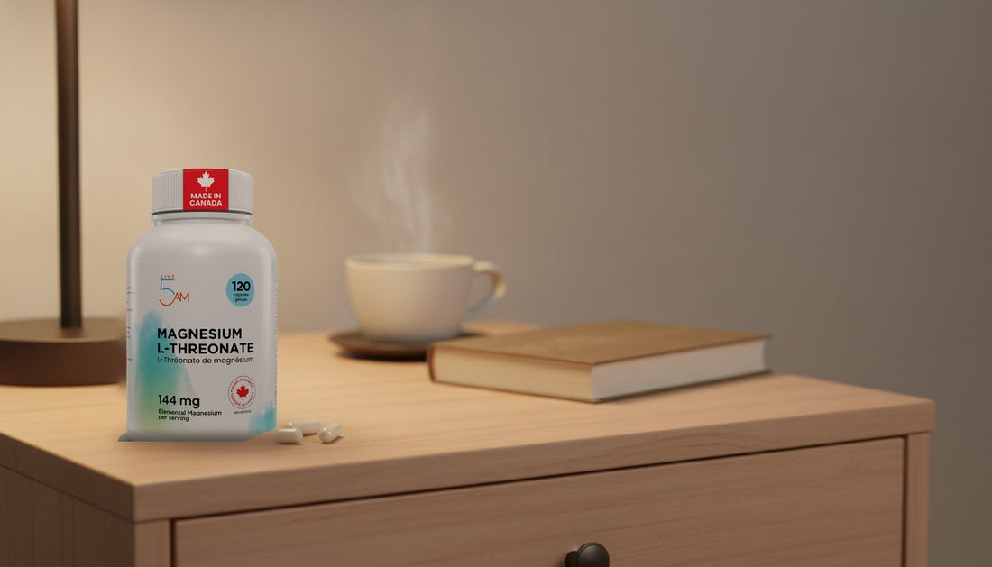 Live 5AM Magnesium L-Threonate 144 mg bottle, 120 capsules, on an evening bedside table with tea and a book