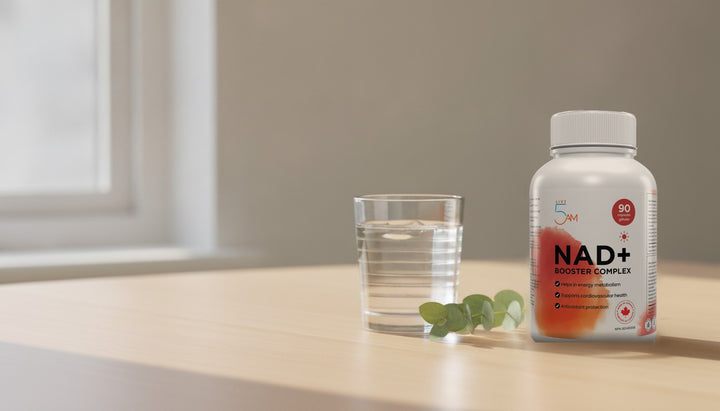 Live 5AM NAD+ Booster Complex bottle with a glass of water and eucalyptus on a sunlit table