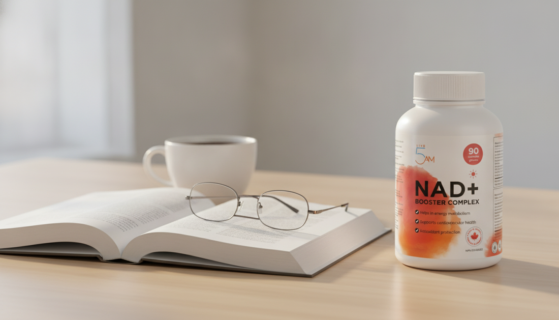 Live 5AM NAD+ Booster Complex bottle on a desk with a book and coffee