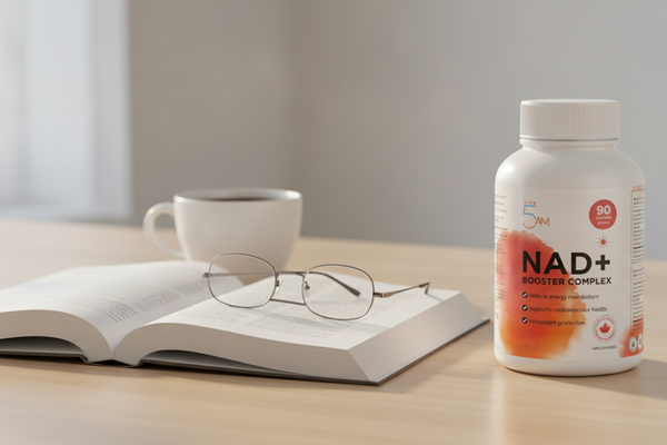 Live 5AM NAD+ Booster Complex bottle on a desk with a book and coffee