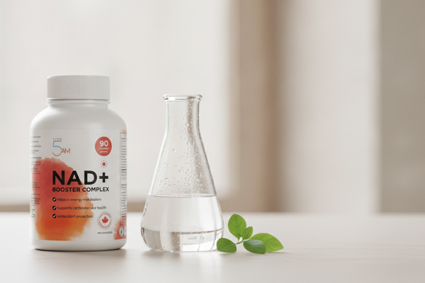 Live 5AM NAD+ Booster Complex bottle beside a glass flask
