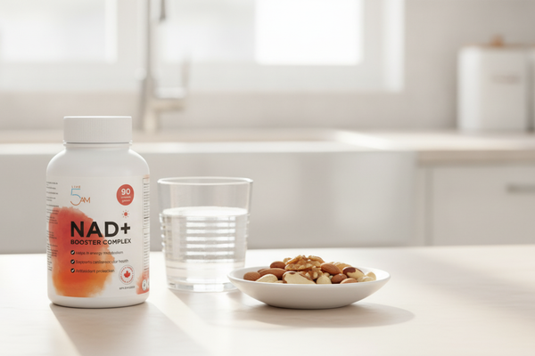 Live 5AM NAD+ Booster Complex bottle on a bright kitchen counter