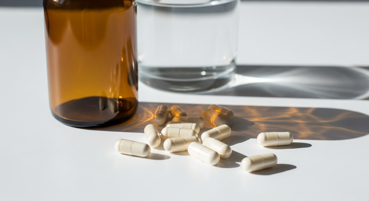Supplement capsules and a glass of water on a clean surface