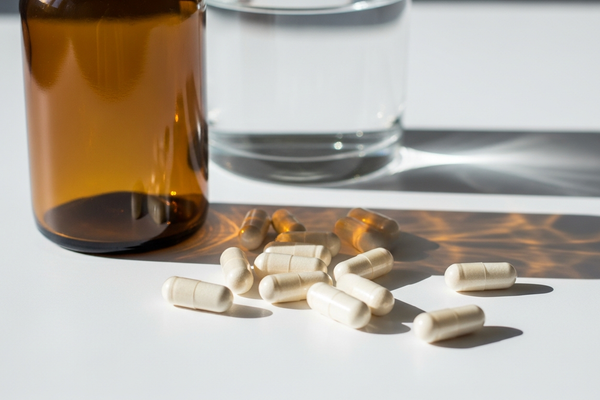 Supplement capsules and a glass of water on a clean surface