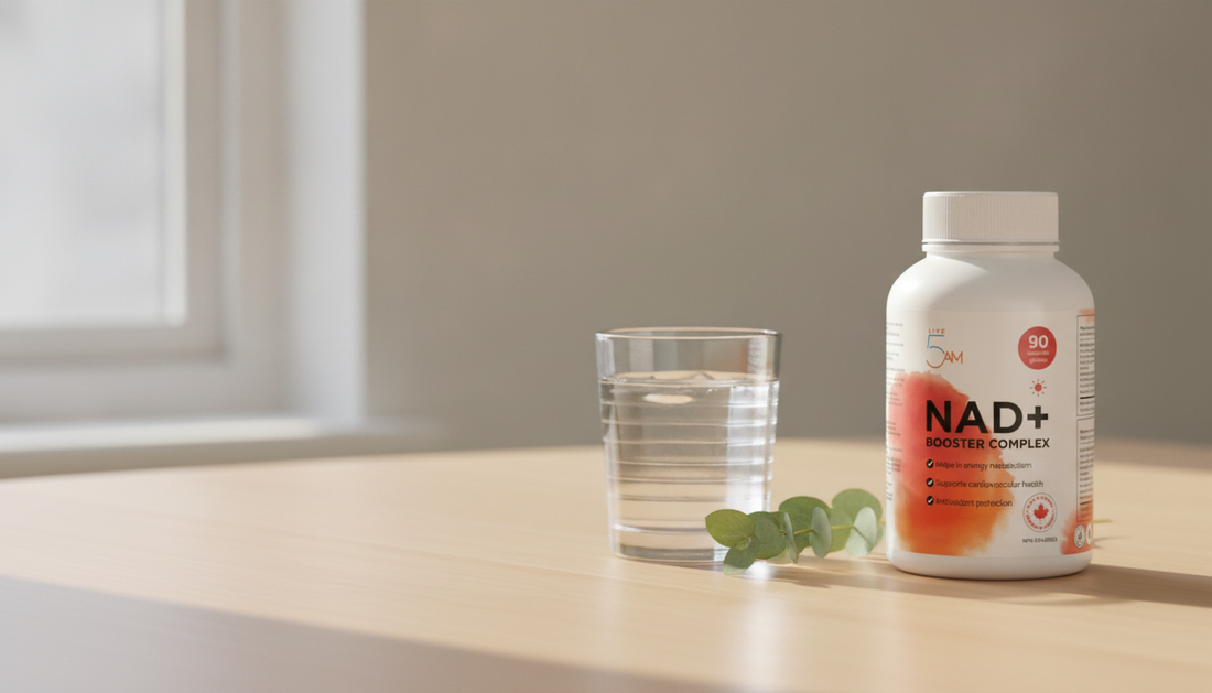 Live 5AM NAD+ Booster Complex bottle with a glass of water