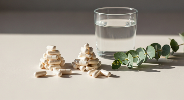 Two piles of supplement capsules with a glass of water on a light surface, illustrating NMN versus NR