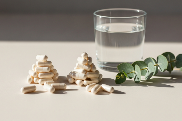 Two piles of supplement capsules with a glass of water on a light surface, illustrating NMN versus NR