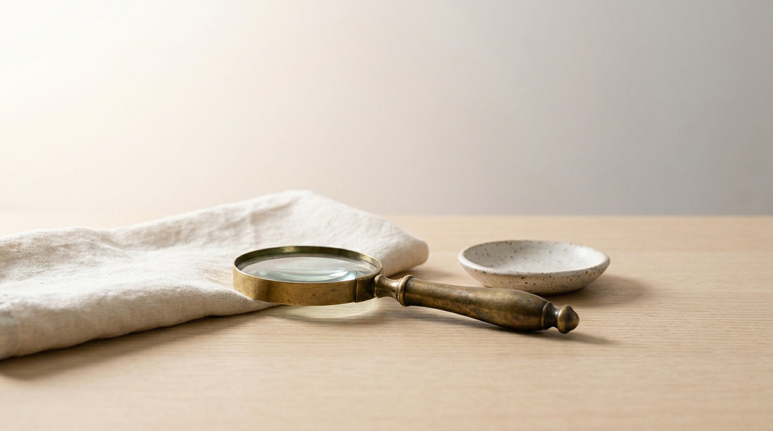 A brass magnifying glass on pale oak beside folded cream linen and a speckled ceramic dish in daylight