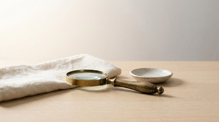 A brass magnifying glass on pale oak beside folded cream linen and a speckled ceramic dish in daylight