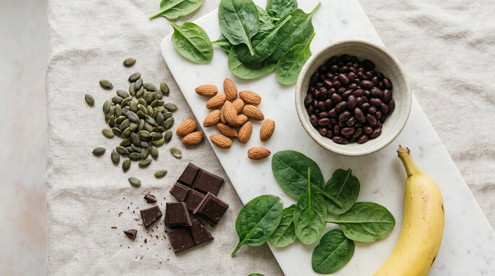 Bright overhead flatlay of magnesium-rich foods on cream linen and white marble: pumpkin seeds, almonds, dark chocolate, spinach, black beans, and a banana