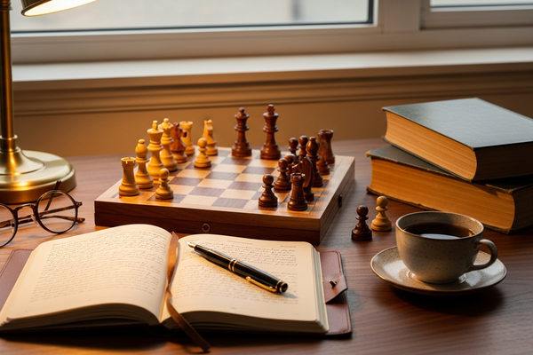 Editorial still life on a warm wooden desk in soft evening light: an open journal with a fountain pen, a vintage chess set mid-game, reading glasses, a stack of books and a cup of tea, evoking memory and clear thinking in later life.