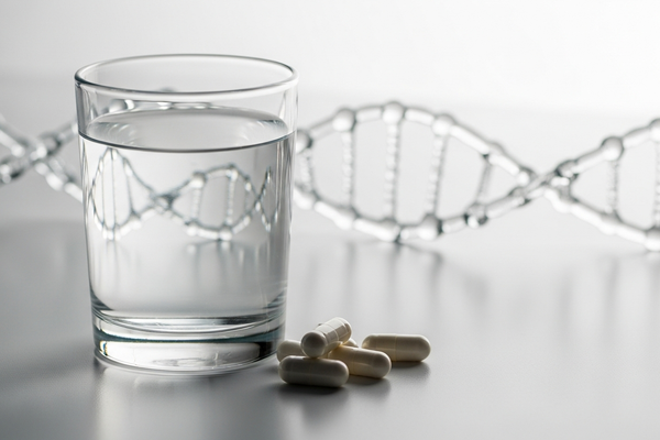 A glass of water and capsules beside a DNA helix model