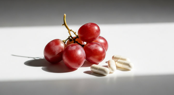 Red grapes and capsules representing resveratrol and antioxidants