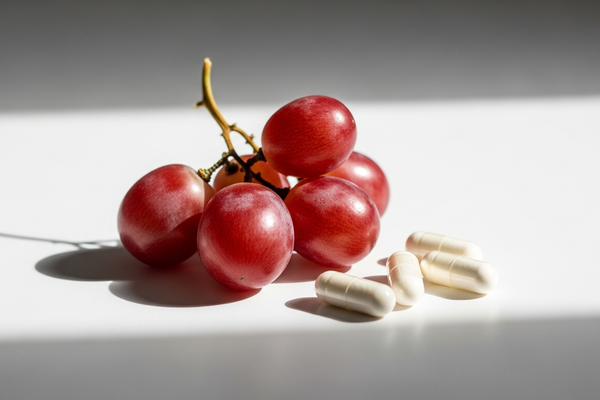 Red grapes and capsules representing resveratrol and antioxidants