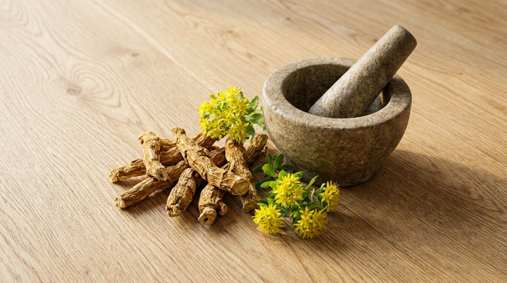 Dried rhodiola golden root and a small sprig of yellow rhodiola flowers on light oak wood in soft morning light