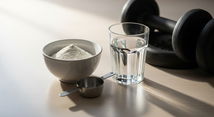 A bowl of white powder with a scoop, a glass of water and dumbbell plates on a pale wood surface