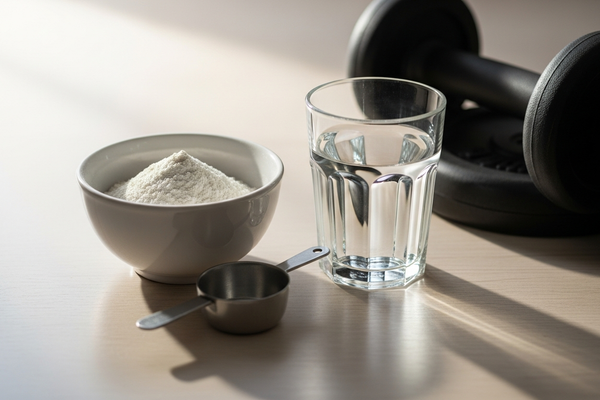 A bowl of white powder with a scoop, a glass of water and dumbbell plates on a pale wood surface