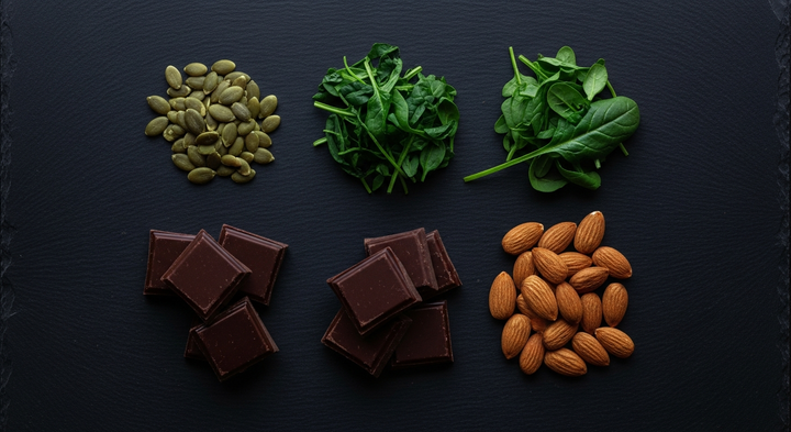 Magnesium-rich foods on a dark surface representing sleep and minerals