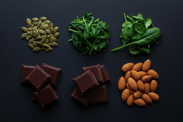 Magnesium-rich foods on a dark surface representing sleep and minerals