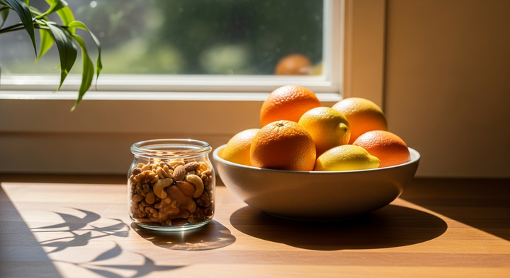 A sunlit kitchen still life with nuts and citrus fruit