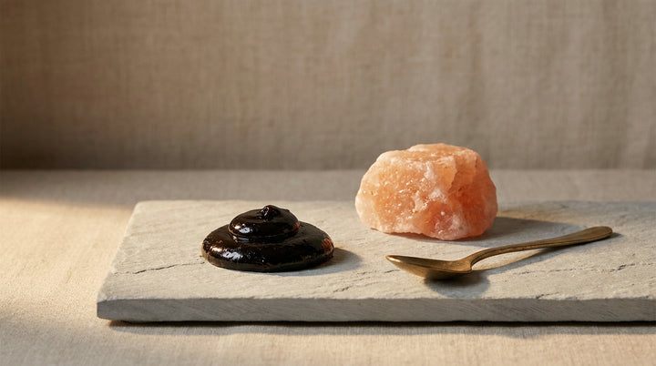 Dark shilajit resin on light grey slate beside a piece of himalayan rock and a small brass spoon in warm side light