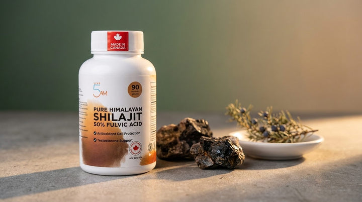 Live 5AM Shilajit 500mg bottle on concrete beside dark mineral fragments and a dish with juniper in golden light