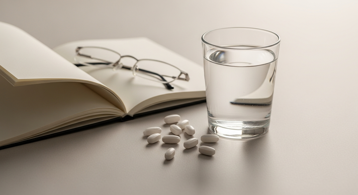 A calm morning wellness scene with water and capsules