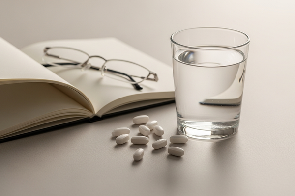 A calm morning wellness scene with water and capsules