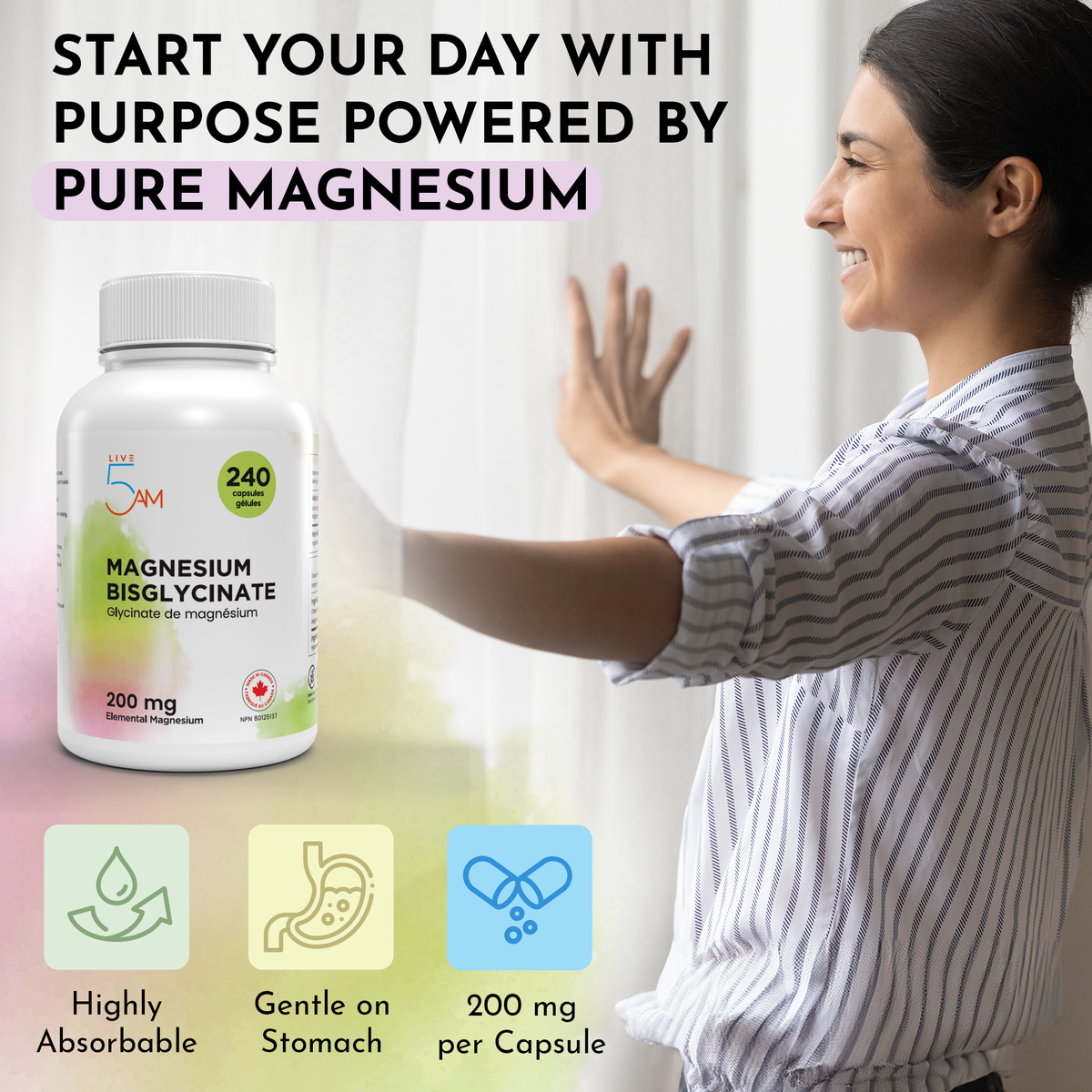 Live 5AM Magnesium Bisglycinate capsules for sleep and muscle recovery