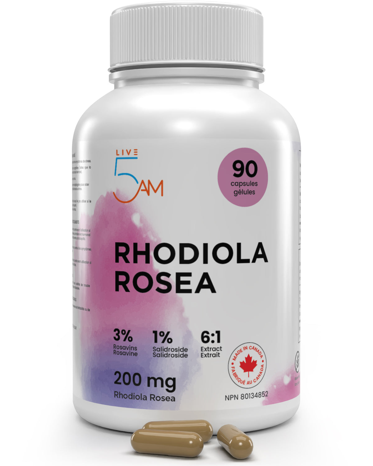 Live 5AM Rhodiola Rosea 200mg supplement bottle, front label