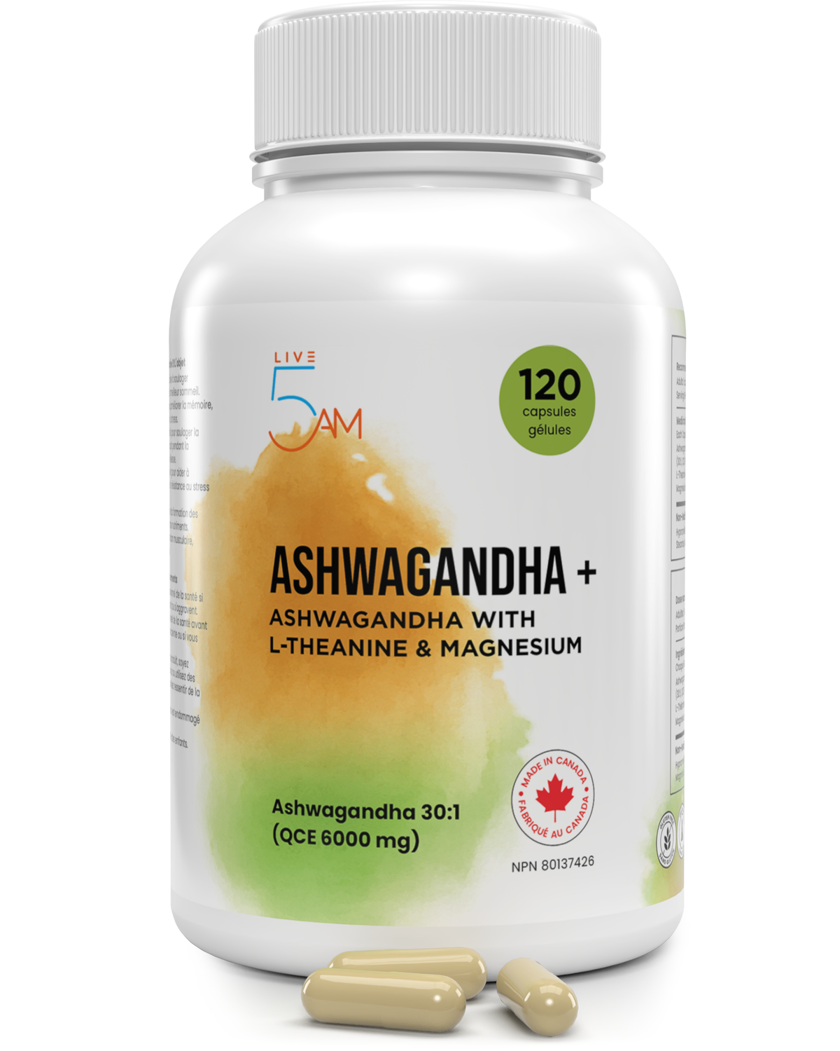 Live 5AM Ashwagandha+ supplement bottle, front label