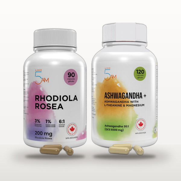 AM/PM Stress Stack: Live 5AM Rhodiola Rosea and Ashwagandha + bottles