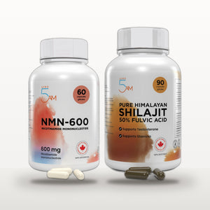 Cellular Energy Stack: Live 5AM NMN 600 and Pure Himalayan Shilajit bottles