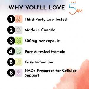 Live 5AM NMN 600mg vegan capsules for cellular energy