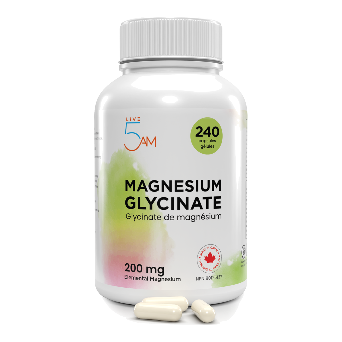 Live 5AM Magnesium Bisglycinate 200 mg bottle, 240 capsules
