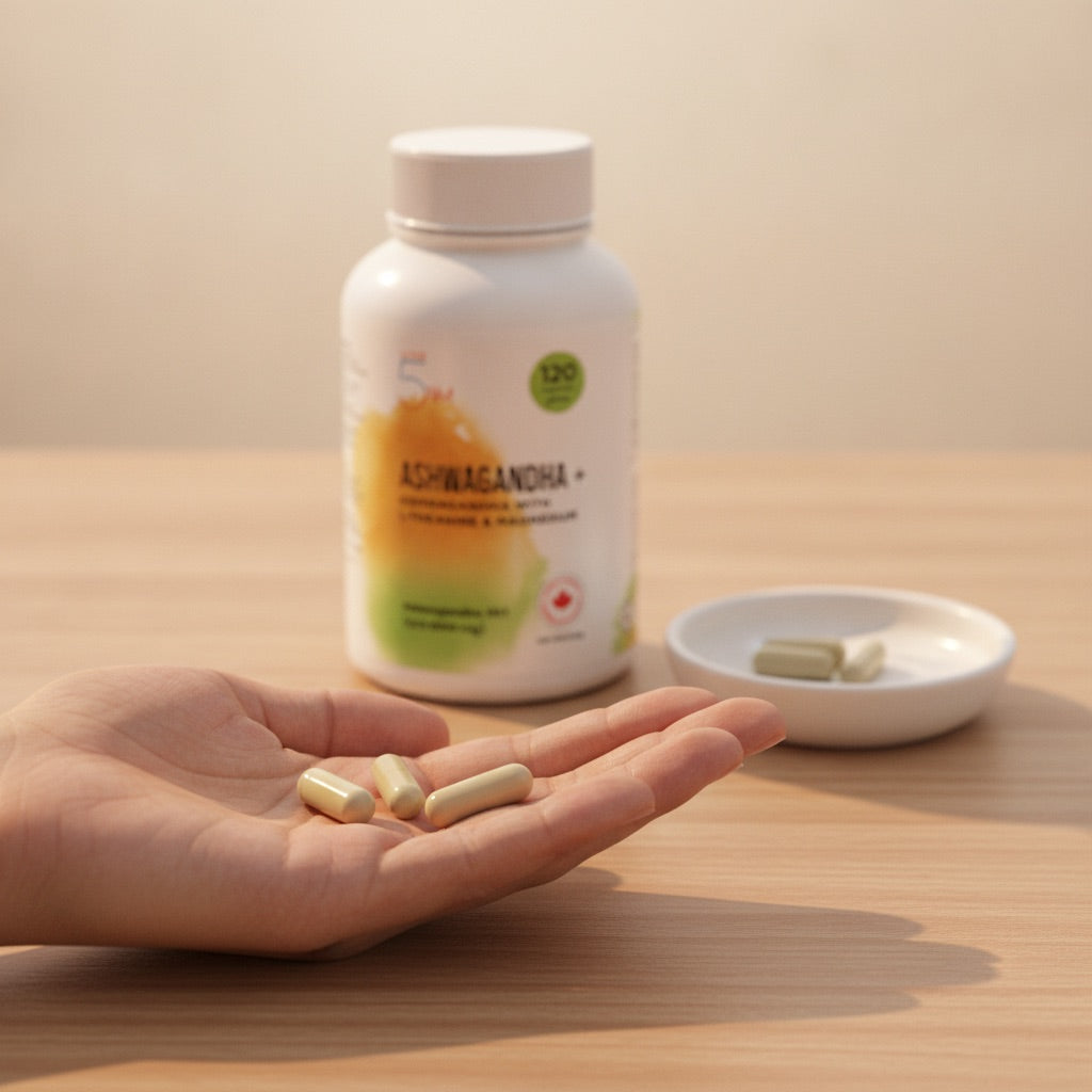 Three Ashwagandha+ capsules held in an open hand beside the bottle